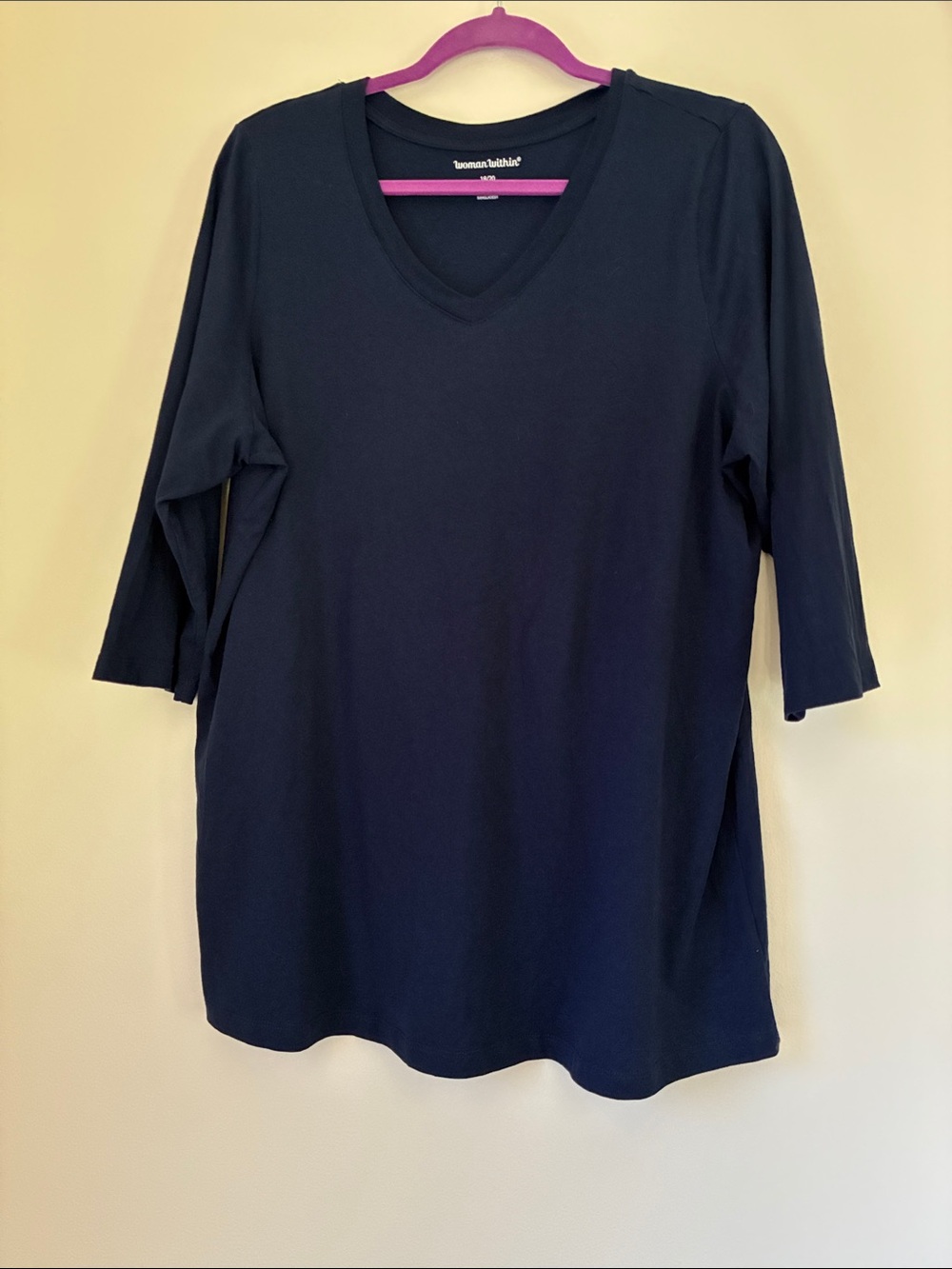 Woman Within Navy V-Neck 3/4 Sleeve Tee Size 18/24 Large 100% Cotton